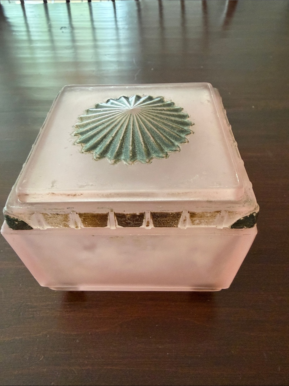 Taussaunt Glass Frosted  Pink Square Vanity Powder Box with Sunburst